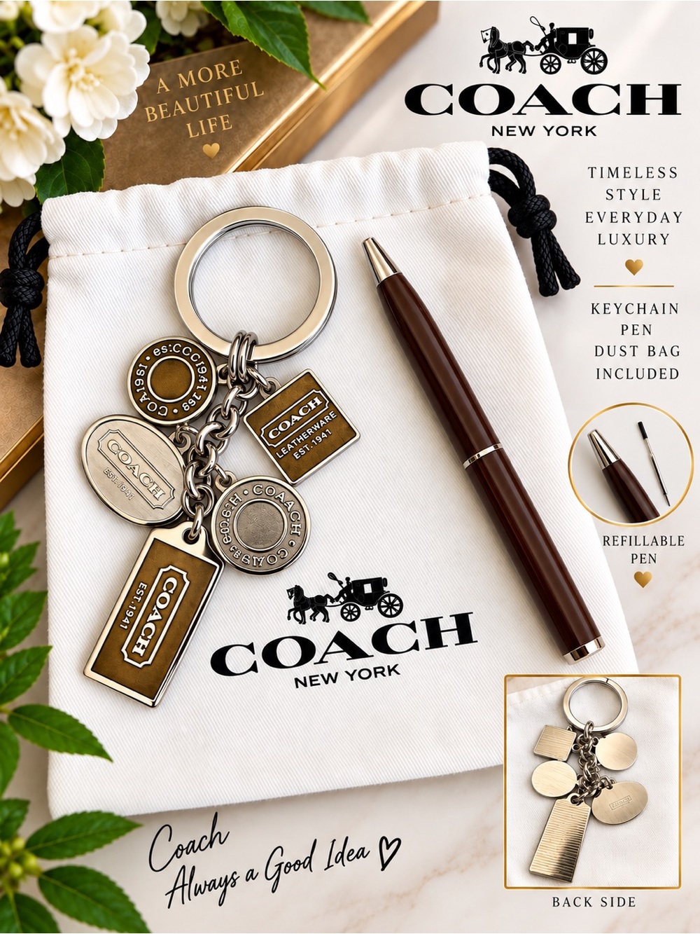 COACH Authentic Multi Charm Keychain/Bag Charm + Dust Bag & Refillable Pen Set
